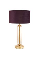 Campo Tubular Table Lamp, 1 Light E27, Satin Gold/Cognac Glass/Aubergine 40cm Velvet Shade