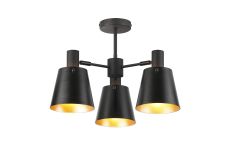 Tera 65cm Semi Ceiling Light Adjustable Arms With 16cm x 14cm Shade, 3 Light E27, Sand Black/Black/Gold Metal Shade
