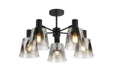 Tera 75cm Semi Ceiling Light Adjustable Arms With 16cm x 14cm Shade, 5 Light E27, Sand Black/Smoke Faded Glass Shade