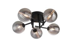 Gana 50cm Semi Flush Ceiling Round, 5 Light G9, IP44, Satin Black/Smoke Ribbed Round Glass