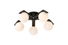 Bagno 54cm Flush Ceiling, 5 Light G9, IP44, Black/Polished Chrome/Opal Smooth Round Glass