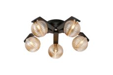 Bagno 54cm Flush Ceiling, 5 Light G9, IP44, Black/Polished Chrome/Amber Ribbed Round Glass