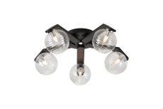Bagno 54cm Flush Ceiling, 5 Light G9, IP44, Black/Polished Chrome/Clear Ribbed Round Glass