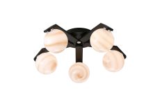 Bagno 54cm Flush Ceiling, 5 Light G9, IP44, Black/Polished Chrome/Brown Round Marble Effect Glass