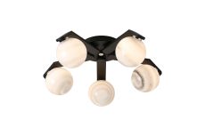 Bagno 54cm Flush Ceiling, 5 Light G9, IP44, Black/Polished Chrome/Grey Round Marble Effect Glass
