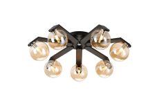Bagno 64cm Flush Ceiling, 7 Light G9, IP44, Black/Polished Chrome/Amber Smooth Round Glass