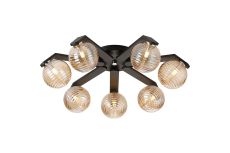 Bagno 64cm Flush Ceiling, 7 Light G9, IP44, Black/Polished Chrome/Amber Ribbed Round Glass