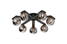 Bagno 64cm Flush Ceiling, 7 Light G9, IP44, Black/Polished Chrome/Smoke Ribbed Round Glass