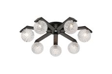 Bagno 64cm Flush Ceiling, 7 Light G9, IP44, Black/Polished Chrome/Clear Cross Pattern Round Glass