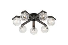 Bagno 64cm Flush Ceiling, 7 Light G9, IP44, Black/Polished Chrome/Clear Waved Round Glass