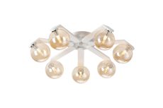 Bagno 64cm Flush Ceiling, 7 Light G9, IP44, White/Polished Chrome/Amber Smooth Round Glass