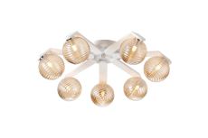 Bagno 64cm Flush Ceiling, 7 Light G9, IP44, White/Polished Chrome/Amber Ribbed Round Glass
