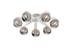 Bagno 64cm Flush Ceiling, 7 Light G9, IP44, White/Polished Chrome/Smoke Ribbed Round Glass
