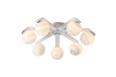 Bagno 64cm Flush Ceiling, 7 Light G9, IP44, White/Polished Chrome/Grey Round Marble Effect Glass