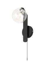 Bagno Pull Switch Wall Light, 1 Light G9, IP44, Black/Polished Chrome/Clear Smooth Round Glass