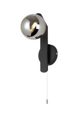 Bagno Pull Switch Wall Light, 1 Light G9, IP44, Black/Polished Chrome/Smoke Smooth Round Glass