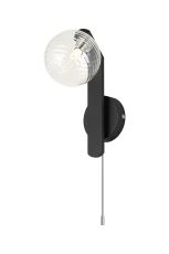Bagno Pull Switch Wall Light, 1 Light G9, IP44, Black/Polished Chrome/Clear Ribbed Round Glass