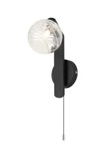 Bagno Pull Switch Wall Light, 1 Light G9, IP44, Black/Polished Chrome/Clear Dune Effect Round Glass