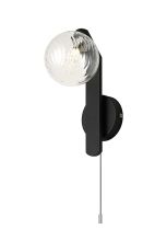 Bagno Pull Switch Wall Light, 1 Light G9, IP44, Black/Polished Chrome/Clear Swirl Round Glass