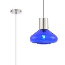 Odeyscene 31cm Pendant With Wide Glass, 1 x E27, Polished Nickel/Blue Ink/Dark Grey Braided Cable