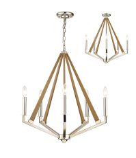 Hilton 60cm Pentagonal Pendant 5 Light E14 Polished Nickel/Taupe Wood