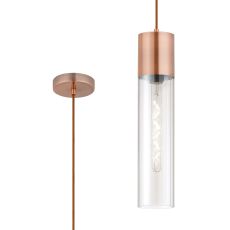 Luce 12cm Pendant With Tubular Glass, 1 x E27, Antique Copper/Clear/Brown Braided Cable