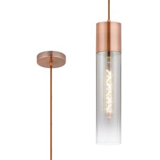 Luce 12cm Pendant With Tubular Glass, 1 x E27, Antique Copper/Smoke Fade/Brown Braided Cable