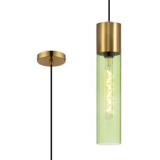 Luce 12cm Pendant With Tubular Glass, 1 x E27, Aged Brass/Green/Black Braided Cable