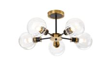 Jestero IP Semi Ceiling, 5 Light E14 IP44 With 15cm Round Segment Glass Shade, Brass, Clear & Satin Black