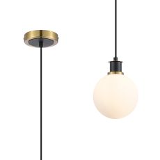 Jestero IP 1.3m Pendant, 1 Light E14 IP44 With 15cm Round Glass Shade, Brass, Opal & Satin Black