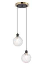 Jestero 20cm 2 Light Pendant, E14 With 15cm Round Textured Crumple Glass Shades, Brass, Clear & Satin Black
