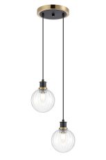 Jestero 20cm 2 Light Pendant, E14 With 15cm Round Segment Glass Shades, Brass, Clear & Satin Black