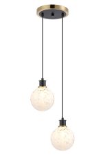 Jestero 20cm 2 Light Pendant, E14 With 15cm Round Speckled Glass Shades, Brass, White & Satin Black