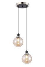 Jestero 20cm 2 Light Pendant, E14 With 15cm Round Glass Shades, Satin Nickel, Amber Plated & Satin Black