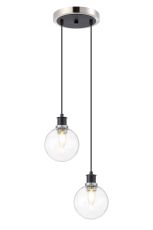 Jestero 20cm 2 Light Pendant, E14 With 15cm Round Glass Shades, Satin Nickel, Clear & Satin Black