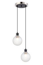 Jestero 20cm 2 Light Pendant, E14 With 15cm Round Textured Diamond Pattern Glass Shades, Satin Nickel, Clear & Satin Black