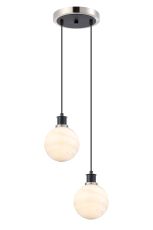 Jestero 20cm 2 Light Pendant, E14 With 15cm Round White & Grey Marble Effect Glass Shades, Satin Nickel & Satin Black Framework