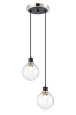 Jestero 20cm 2 Light Pendant, E14 With 15cm Round Ribbed Glass Shades, Satin Nickel, Clear & Satin Black