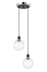 Jestero 20cm 2 Light Pendant, E14 With 15cm Round Segment Glass Shades, Satin Nickel, Clear & Satin Black