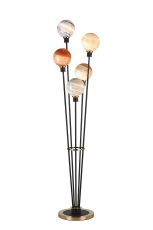 Jestero Floor Lamp, 5 Light E14, With 15cm Mixed Colour Round Marble Effect Glass Shade Brass & Satin Black