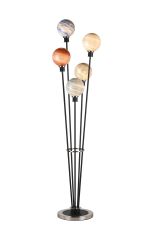 Jestero Floor Lamp, 5 Light E14, With 15cm Mixed Colour Round Marble Effect Glass Shade Satin Nickel & Satin Black