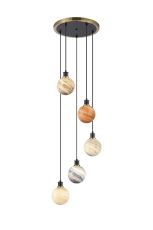 Jestero 48cm Round Pendant, 5 Light E14 With 15cm Mixed Colour Round Marble Effect Glass Shade, Brass & Satin Black Framework