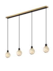 Jestero 1.3m Linear Pendant, 4 Light E14 With 15cm Round Dark Green Marble Effect Glass Shade, Brass & Satin Black Framework
