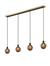 Jestero 1.3m Linear Pendant, 4 Light E14 With 15cm Round Brown & Amber Tortoise Shell Glass Shade, Brass & Satin Black Framework