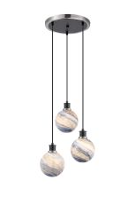 Jestero 38cm Round Pendant, 3 Light E14 With 15cm Round Dark Blue Marble Effect Glass Shade, Satin Nickel & Satin Black Framework