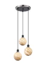 Jestero 38cm Round Pendant, 3 Light E14 With 15cm Round Light Grey Marble Effect Glass Shade, Satin Nickel & Satin Black Framework