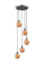 Jestero 48cm Round Pendant, 5 Light E14 With 15cm Round Dark Pink Marble Effect Glass Shade, Satin Nickel & Satin Black Framework
