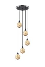 Jestero 48cm Round Pendant, 5 Light E14 With 15cm Round Light Grey Marble Effect Glass Shade, Satin Nickel & Satin Black Framework