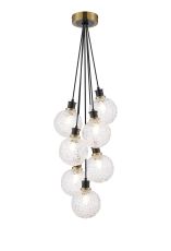 Jestero 45cm Round Cluster Pendant, 7 Light E14 With 15cm Round Textured Crumple Glass Shade, Brass, Clear & Satin Black
