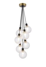 Jestero 45cm Round Cluster Pendant, 7 Light E14 With 15cm Round Dimpled Glass Shade, Brass, Clear & Satin Black